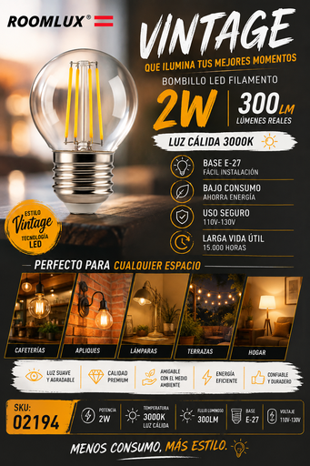 [02194] Bombillo 2W 3000k E-27 B70104 Vintage G-45 3000K Clear 110V-130V ROOMLUX