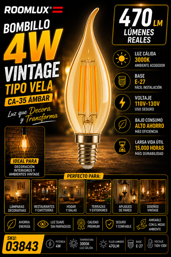 [03843] Bombillo 4w 3000k E-27 B70157 Vintage CA-35 Ámbar Tipo Vela 470LM 110V-130V ROOMLUX