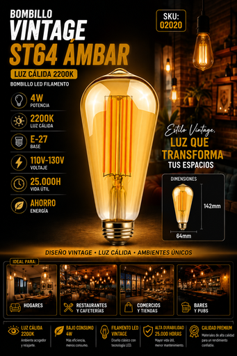 [02020] Bombillo 4w 2200k E-27 B70270 Vintage ST64 Ámbar 110V-130V