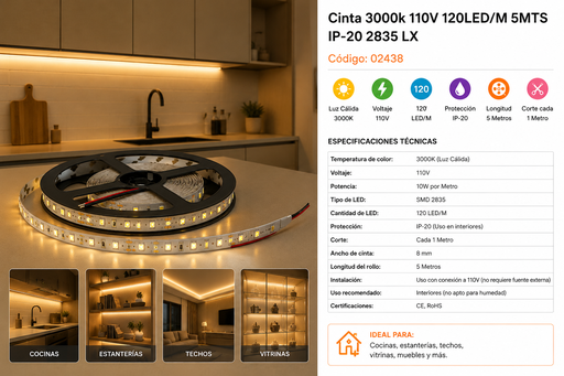 [02438] Cinta 3000k 110V 120LED/M 5MTS IP-20 2835 LX