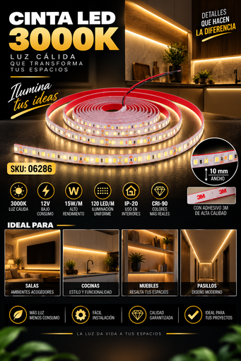 [06286] Cinta 3000K 12V 15W/M SWW120F10W12-2835 5 MT 10 mm CRI-90 120 LED/MT IP-20 3M Rojo