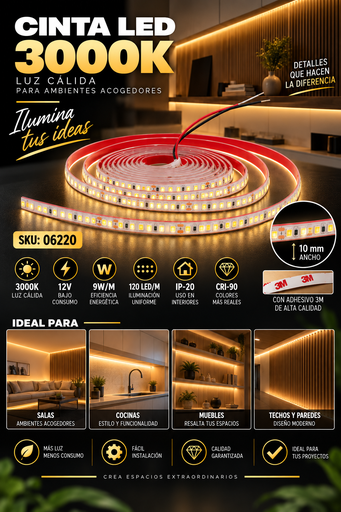 [06220] Cinta 3000K 12V 9W/M SWW120F10W12-2835 5 MT 10 mm CRI-90 120 LED/MT IP-20 3M Rojo