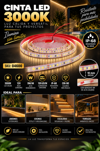 [04600] Cinta 3000K 12V 9W/M SWW120F410W12-2835 5 MT 10 mm CRI-90 120 LED/MT IP-68 3M Rojo