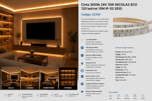 [02763] Cinta 3000k 24V 10W SECOLA2-ECO 120 led/mt 10M IP-20 2835