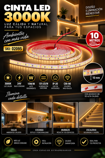 [02095] Cinta 3000K 24V 15W/M SWW120F010W24-2835 10MT 10 mm CRI-90 120 LED/MT IP-20 3M Rojo