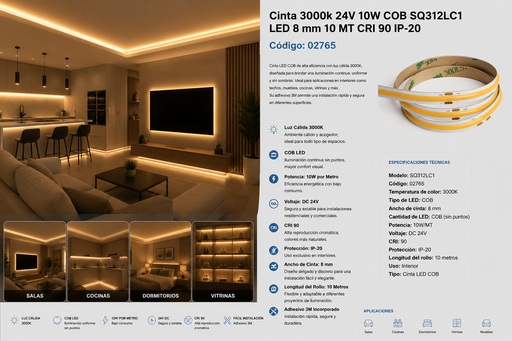 [02765] Cinta 3000k 24V 10W COB SQ312LC1 LED 8 mm 10 MT CRI 90 IP-20