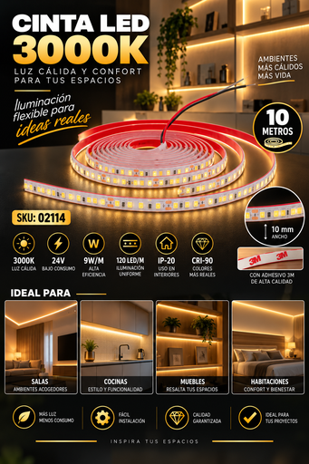 [02114] Cinta 3000K 24V 9W/M SWW120F010W24-2835 10MT 10 mm CRI-90 120 LED/MT IP-20 3M Rojo
