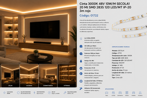[01722] Cinta 3000K 48V 10W/M SECOLA1 20 Mt SMD 2835 120 LED/MT IP-20 3m rojo