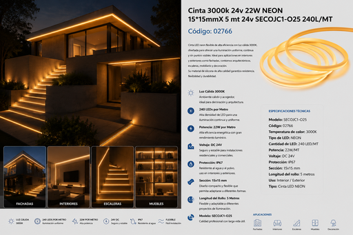 [02766] Cinta 3000k 24v 22W NEON 15*15mmX 5 mt 24v SECOJC1-O25 240L/MT