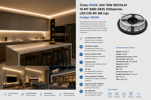 [05245] Cinta 4100K 24V 15W/M SNW120F010W24-2835 10 MT 10 mm CRI-90 120 LED/MT IP-20 3M rojo