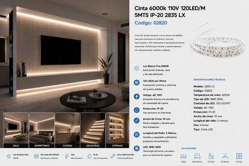 [02820] Cinta 6000k 110V 120LED/M 5MTS IP-20 2835 LX