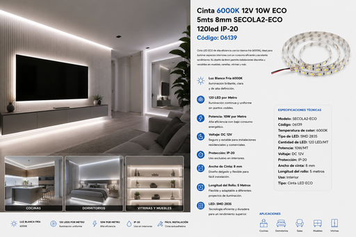 [06139] Cinta 6000K 12V 10W ECO 5mts 8mm SECOLA2-ECO 120led IP-20