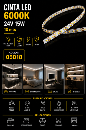 [05018] Cinta 6000K 24V 15W 10mts SECOLA1 SMD 2835 120 LED/MTS IP-20 3m Rojo CRI-90