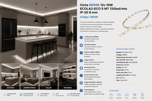 [06630] Cinta 6500K 12v 10WECOLA2-ECO 5 MT 120 LED/MTS IP-20 8 mm