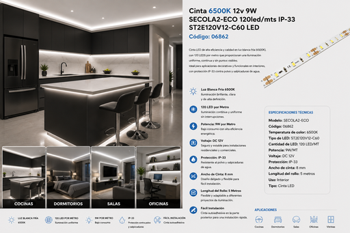 [06862] Cinta 6500K 12v 9W SECOLA2-ECO 120led/mts IP-33 ST2E120V12-C60 LED