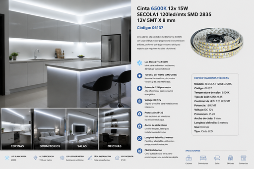 [06137] Cinta  6500K 12v 15W SECOLA1 120led/mts SMD 2835 12V 5MT X 8 mm.