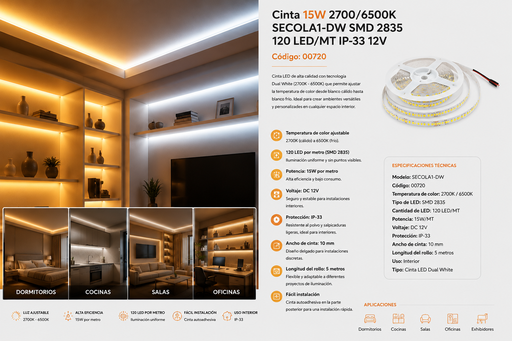 [00720] Cinta 15W 2700/6500K SECOLA1-DW SMD 2835 120 LED/MT IP-33 12V