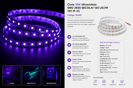 [06420] Cinta 15W Ultravioleta SMD 2835 SECOLA1 120 LR//M 12v IP-33
