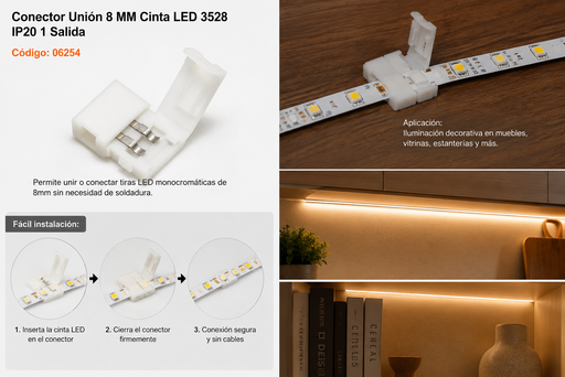 [06254] Conector Unión 8 MM Cinta LED 3528 IP20 1 Salida