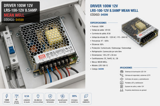 [04599] Driver 100W 12V LRS-100-12v 8.5Amp MEAN WELL