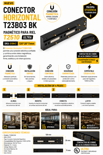 [01947] Conector Horizontal T23B03 BK Magnético para Riel T2510 126*26*11mm Negro ULTRA