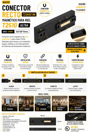 [01951] Conector Recto T23A03 BK Magnético para Riel T2510 123*26*11mm Negro ULTRA
