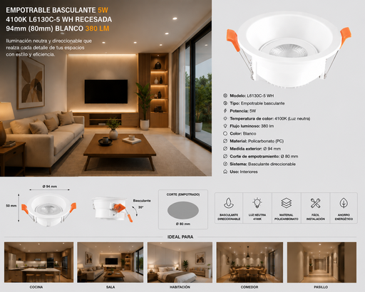 [05908] Empotrable Basculante 5w 4100K L6130C-5 WH Recesada 94mm (80mm) Blanco 380 lm
