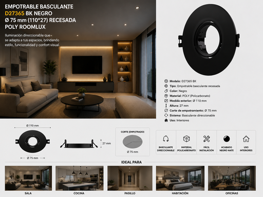 [06737] Empotrable Basculante D27365 BK NEGRO Ø 75 mm (110*27) Recesada POLY ROOMLUX