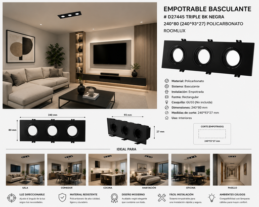[06743] Empotrable Basculante # D27445 Triple BK Negra 240*80 (240*93*27) Policarbonato ROOMLUX