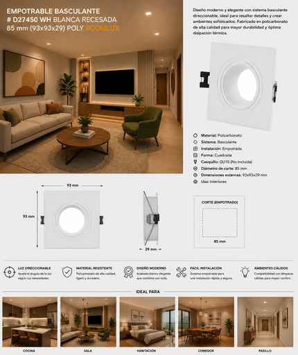 [06803] Empotrable Basculante # D27450 WH Blanca Recesada # 85 mm (93x93x29) POLY ROOMLUX