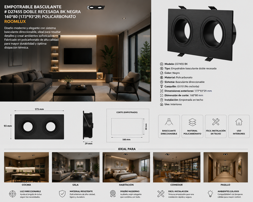 [06744] Empotrable Basculante # D27455 Doble Recesada BK Negra 160*80 (173*93*29) Policarbonato ROOMLUX