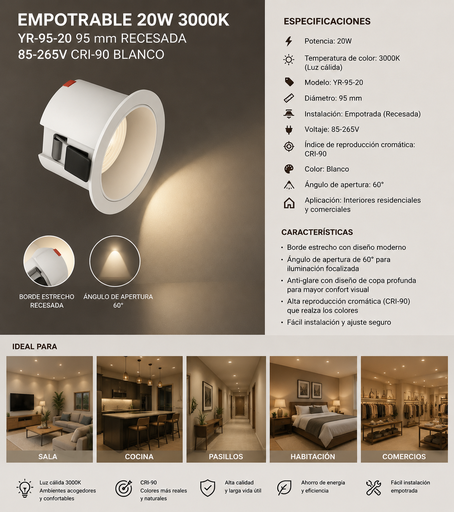 [02698] Empotrable 20W 3000k YR-95-20 95 mm Recesada 85-265V CRI-90 Blanco