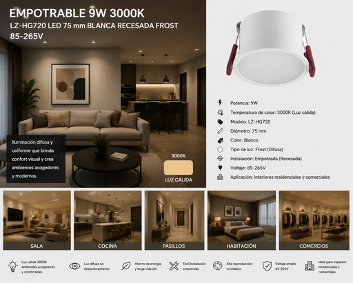 [02096] Empotrable 9W 3000K LZ-HG720 LED 75 mm Blanca Recesada Frost 85-265V