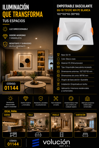 [01144] Empotrable Basculante GU-10 TS131C WH PC Blanca 102*102*65 (90*90)