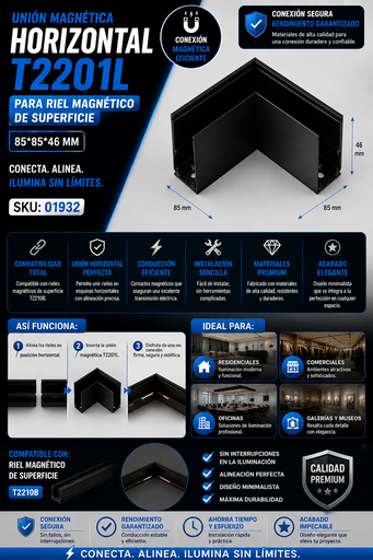 [01932] Unión Magnética Horizontal T2201L Para Riel Magnético de Superficie 85*85*46