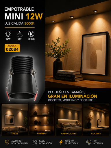[02084] Empotrable Mini 12w LCS7260-12 BK Recesada LED Ø 3000K Negra Ø 50MM (60*82) 30° 100-240V