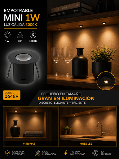 [06489] Empotrable Mini 1W 3000K LCG0610-1 BK Negro Ø 30MM (35*29) 30° 100-240V 60 lm PC