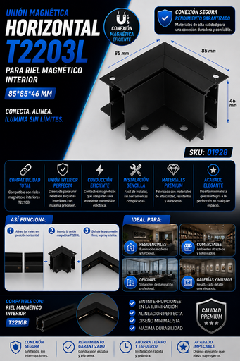 [01928] Unión Magnética Horizontal T2203L para Riel Magnético Interior 85*85*46 para Riel T2210B Negro