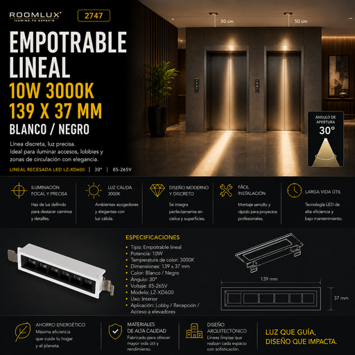 [02747] Empotrable lineal DOTS 10W 3000K 139X37mm blanco/negro 30° 85-265V lineal recesada LED LZ-XD600