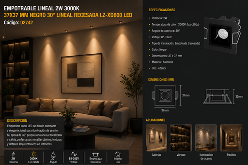 [02742] Empotrable Lineal DOTS 2W 3000K 37x37 mm Negro 30° Lineal Recesada LZ-XD600 LED
