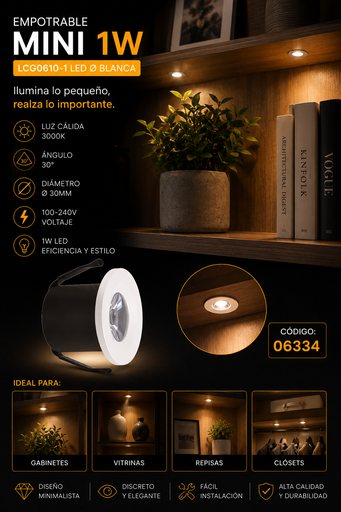 [06334] Empotrable Mini 1w 3000K WH LCG0610-1 LED Ø BLANCA Ø 30MM (35*29) 30° MINI 100-240V