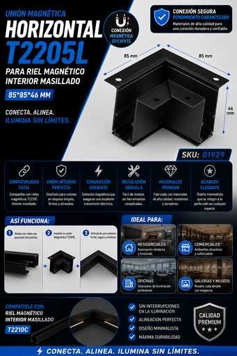 [01929] Unión Magnética Horizontal T2205L para Riel Magnético Interior Masillado 85*85*46 para Riel T2210C Negro