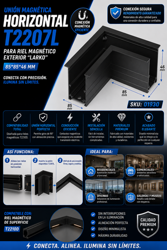 [01930] Unión Magnética Horizontal T2207L para Riel Magnético Exterior “LARKO” 85*85*46 para Riel T2210D Negro