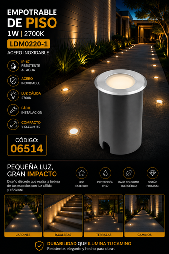 [06514] Empotrable de Piso 1w LDM0220-1 Acero Inoxidable 43 mm Redonda 2700k IP-67