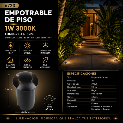[06723] Empotrable Piso 1w 3000K LDM0322-1 Negro INDIRECTA 1W BK 7.5 lm 60*93mm (43 mm) IP-67