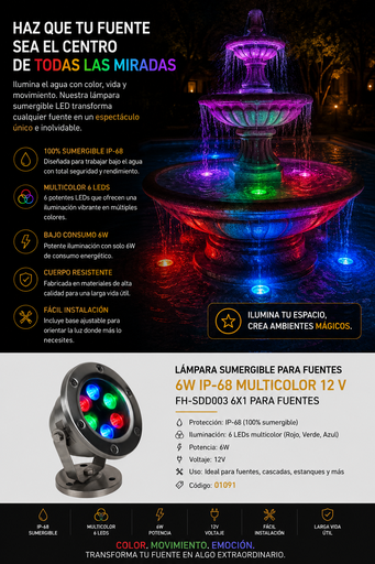 [01091] Lampara Sumergible 6w IP-68 MULTICOLOR 12 V FH-SDD003 6X1 PARA FUENTES