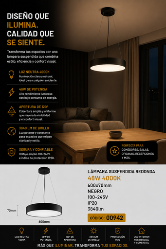 [00942] Lampara Suspendida 48W 4000K 600x70mm Negro Redonda 100-245V IP20 3840lm
