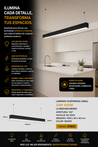 [01901] Lampara Suspendida 24w 4100k LZ-BGD1200 negro lineal 120° 85-265V 1200X95x40