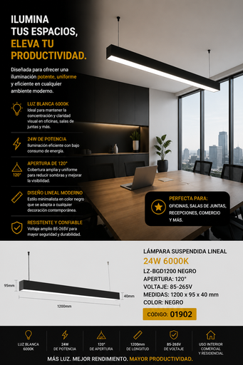 [01902] Lampara Suspendida 24w 6000k LZ-BGD1200 Negro Lineal 120° 85-265V 1200X95x40