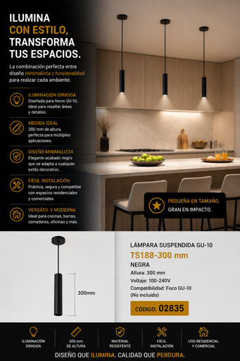 [02835] Lampara Suspendida GU-10 TS188-300 mm NEGRA